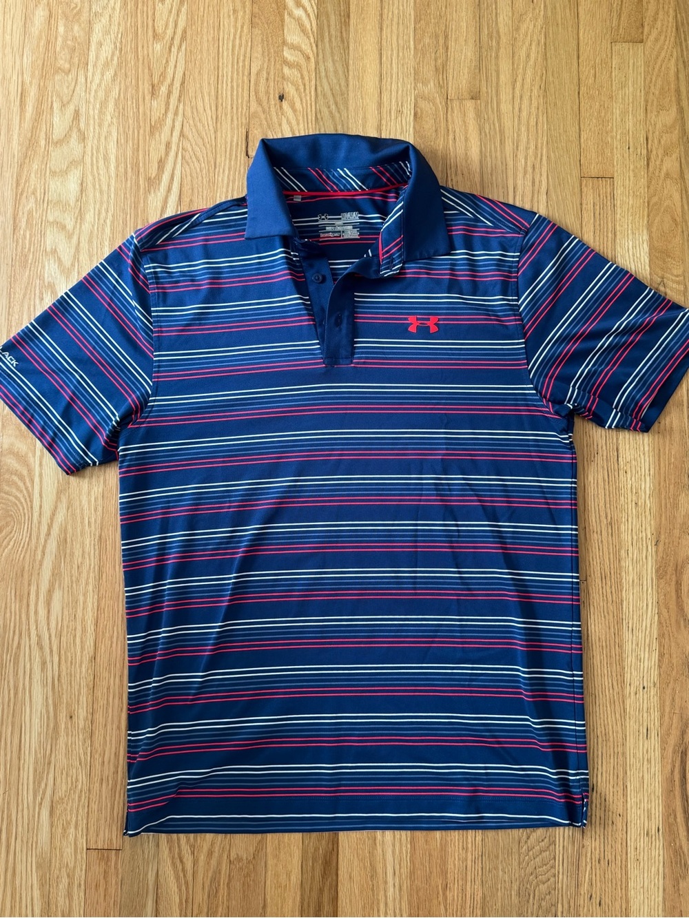 Under Armour Men’s Navy Polo with Pink and White Stripes
